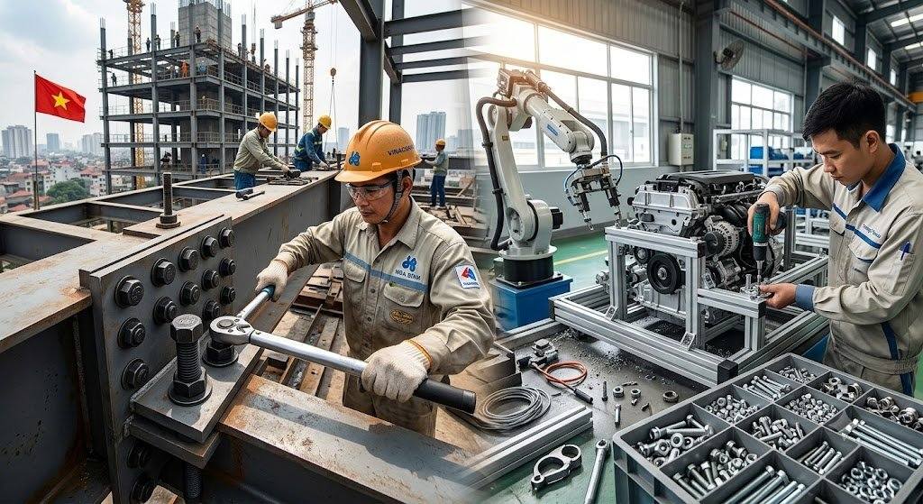 Vai trò của vật tư kim khí trong sản xuất và xây dựng  Vật tư kim khí tuy thường có kích thước nhỏ nhưng lại giữ vai trò quan trọng trong quá trình lắp ráp, liên kết và hoàn thiện các công trình, máy móc và thiết bị. Từ bu lông, đai ốc, vít đến vòng đệm, đai xiết, mỗi loại đều đảm nhiệm một chức năng nhất định.  Tạo liên kết chắc chắn Bu lông, đai ốc, vít và các phụ kiện kim khí giúp liên kết nhiều chi tiết thành một cụm hoàn chỉnh. Khi được lựa chọn và lắp đặt đúng thông số, các mối ghép có thể đảm bảo độ chắc chắn trong quá trình sử dụng.  Một số ứng dụng phổ biến gồm:  Liên kết kết cấu thép.  Lắp ráp khung máy.  Cố định thiết bị và giá đỡ.  Liên kết các chi tiết cơ khí.  Lắp đặt hệ thống đường ống.  Thuận tiện tháo lắp Một ưu điểm quan trọng của nhiều mối ghép kim khí là khả năng tháo lắp tương đối dễ dàng. Người dùng có thể tháo bu lông, đai ốc hoặc vít khi cần sửa chữa, thay thế hay điều chỉnh thiết bị.  Điều này đặc biệt hữu ích trong các hệ thống cần bảo trì định kỳ hoặc thường xuyên thay thế linh kiện.  Hỗ trợ bảo trì và sửa chữa Các sản phẩm kim khí theo kích thước và tiêu chuẩn phổ biến giúp việc tìm kiếm vật tư thay thế thuận tiện hơn. Khi một chi tiết bị mòn, biến dạng hoặc hư hỏng, có thể thay bằng sản phẩm có thông số tương ứng.  Việc sử dụng đúng quy cách cũng giúp:  Rút ngắn thời gian sửa chữa.  Hạn chế phải gia công lại chi tiết.  Dễ kiểm tra và thay thế.  Chủ động hơn về vật tư dự phòng.  Đáp ứng nhiều yêu cầu kỹ thuật Vật tư kim khí có nhiều lựa chọn về vật liệu, kích thước, cấp bền, kiểu dáng và tiêu chuẩn. Nhờ đó, sản phẩm có thể được lựa chọn theo điều kiện làm việc cụ thể.  Ví dụ:  Môi trường ẩm: có thể cân nhắc vật tư inox.  Mối ghép chịu tải: cần chú ý cấp bền.  Mối ghép có ren: phải kiểm tra đường kính và bước ren.  Môi trường ăn mòn: cần lựa chọn vật liệu có khả năng chống ăn mòn phù hợp.