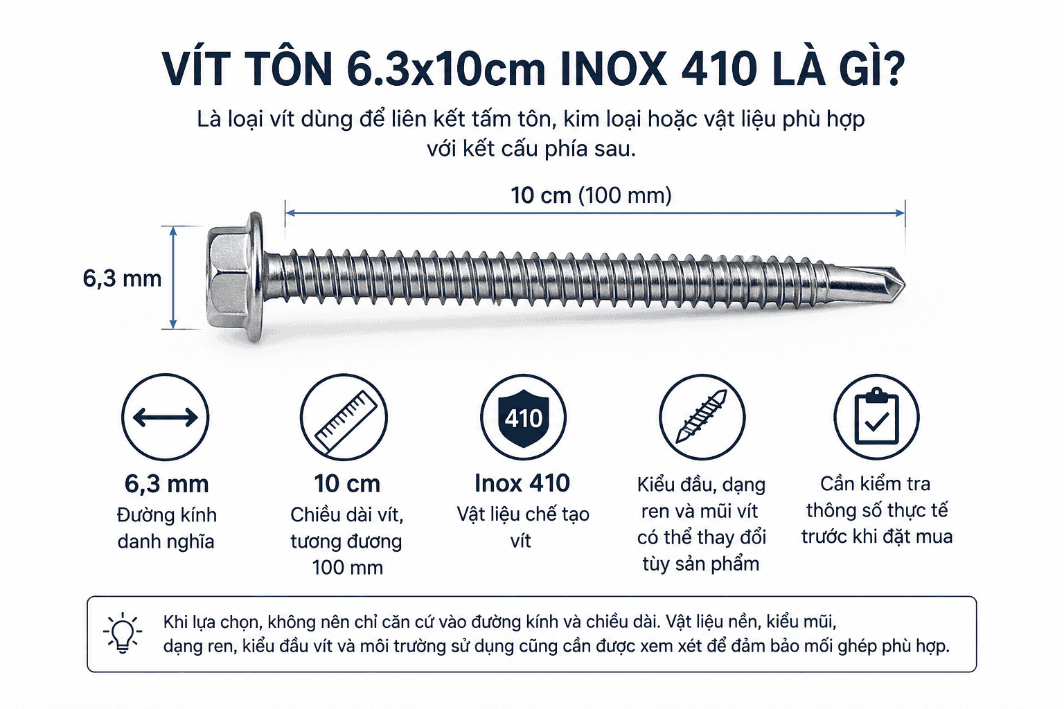 Vít tôn 6.3x10cm inox 410 là gì?